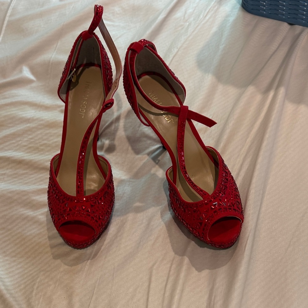 Thalia Sodi Elegant Red Embellished Peep-Toe Heels - Women
